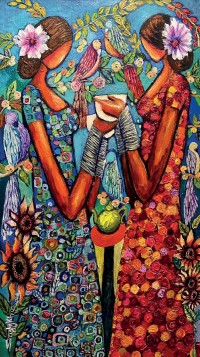 Shazly Khan, When the beauty Of friendship grows On you, 20 x 36 Inch, Acrylic on Canvas, Figurative Paintings, AC-SZK-163 Shazly Khan, When the beauty Of friendship grows On you, 20 x 36 Inch, Acrylic on Canvas, Figurative Paintings, AC-SZK-163